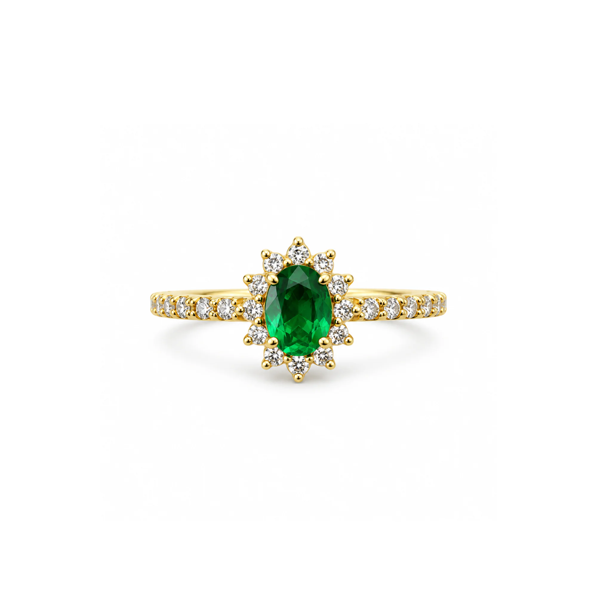 Anel Nimbo em ouro amarelo 18k com esmeralda oval e halo de diamantes