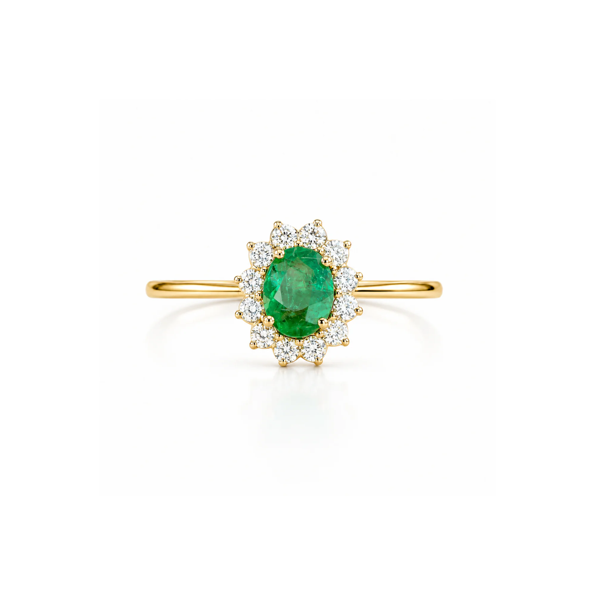 Anel Vega em ouro amarelo 18k com esmeralda oval e halo de diamantes