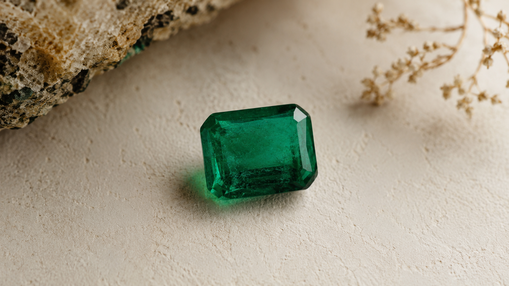 Esmeralda verde natural sobre superfície clara com elementos minerais