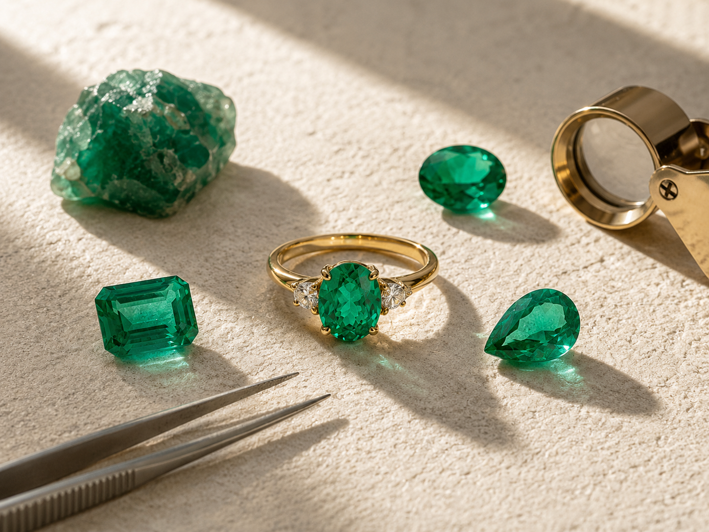 Joia com esmeralda natural, gemas lapidadas e ferramentas de joalheria