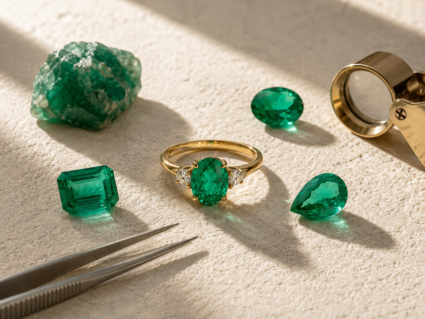Anel com esmeralda, gemas lapidadas e ferramentas de joalheria